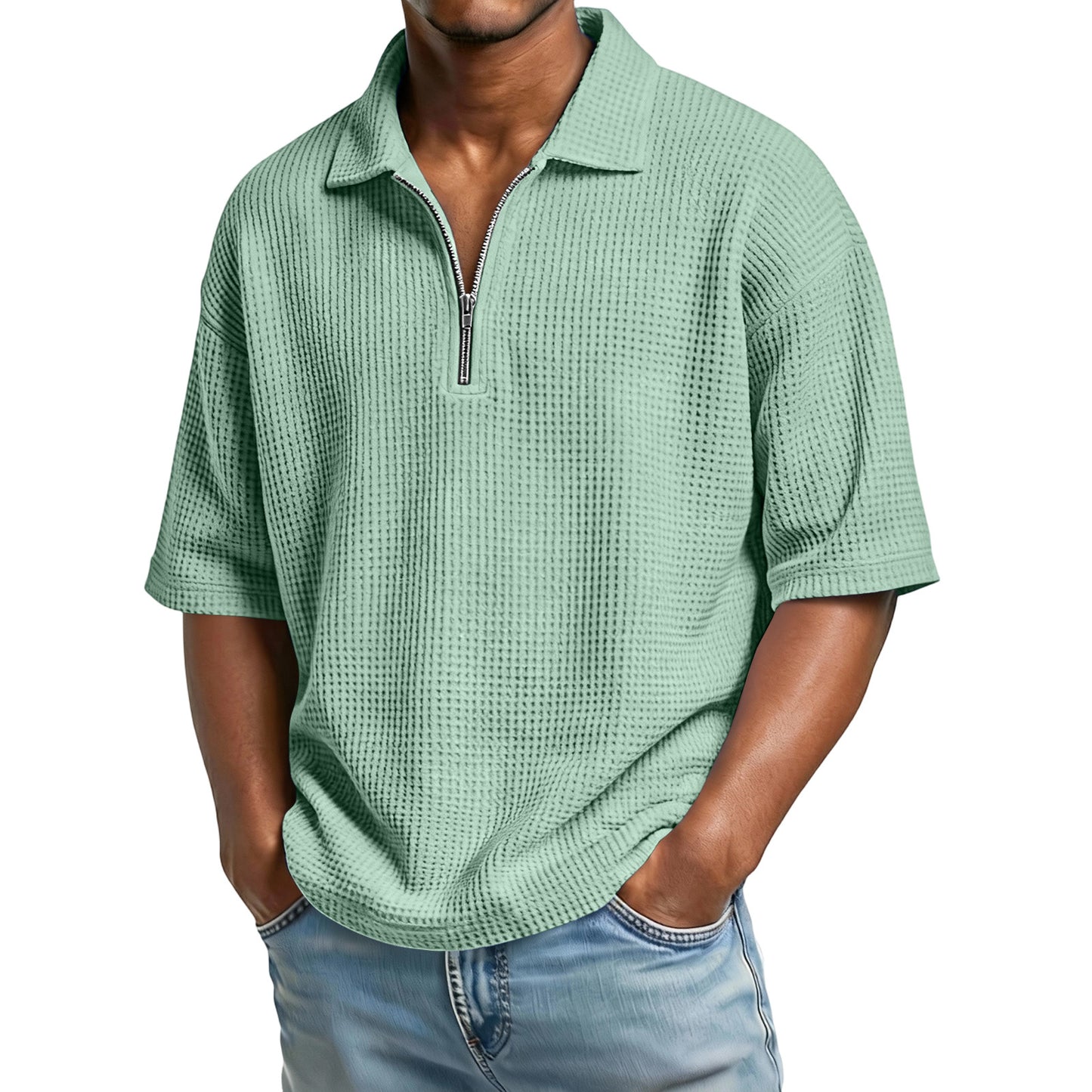 Men's Waffle-Weave Short-Sleeve Lapel Polo Shirt T-Shirt