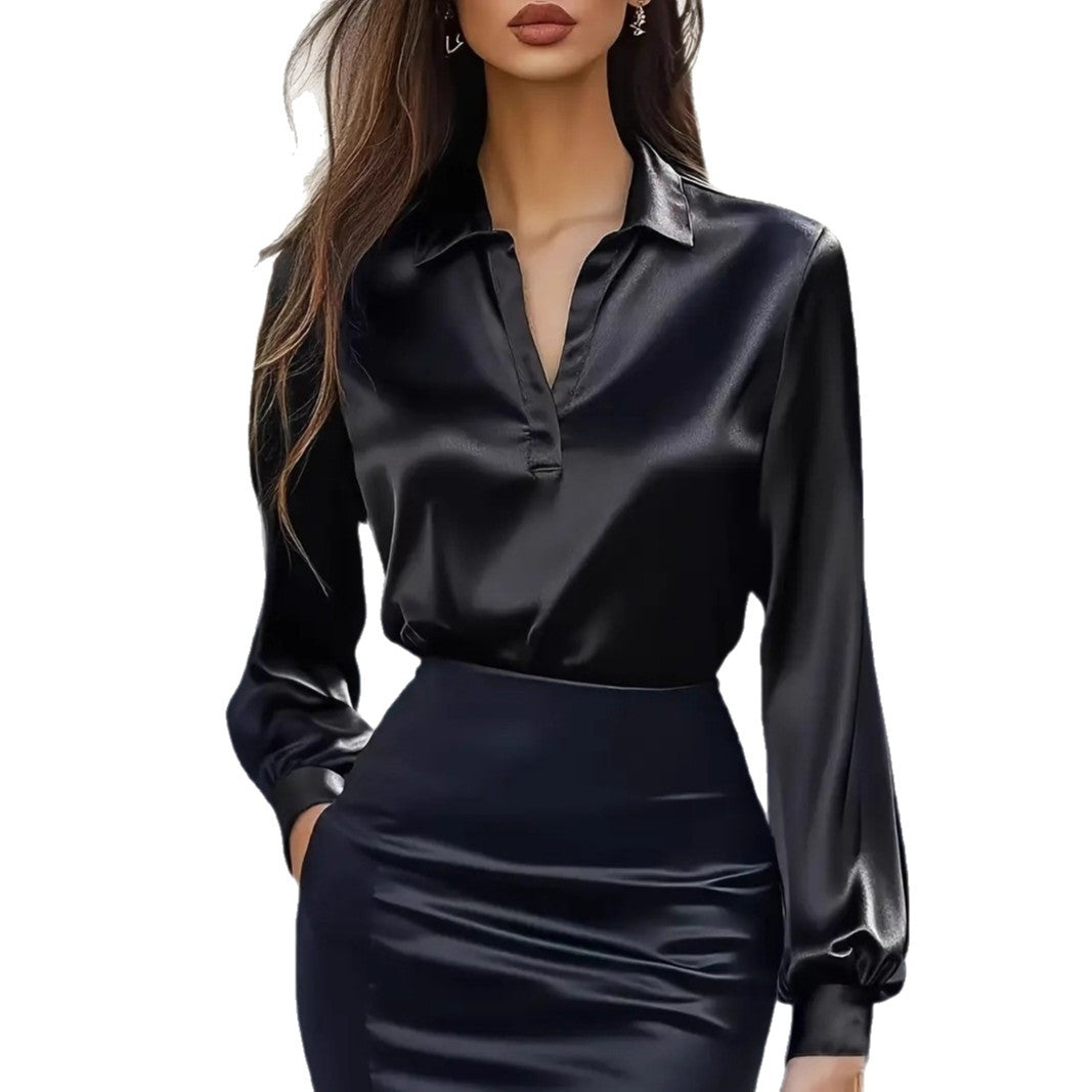 Spring Autumn Fashion Commuting Satin V-neck Long-sleeved Shirt Casual Loose Blouse Office Women Shirts Solid Color Elegant Lady Solid Simple Tops