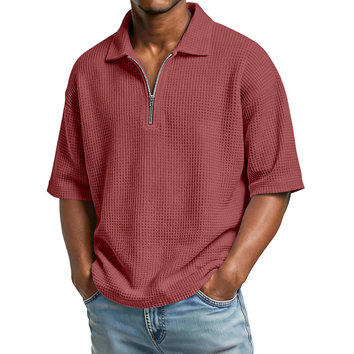 Men's Waffle-Weave Short-Sleeve Lapel Polo Shirt T-Shirt