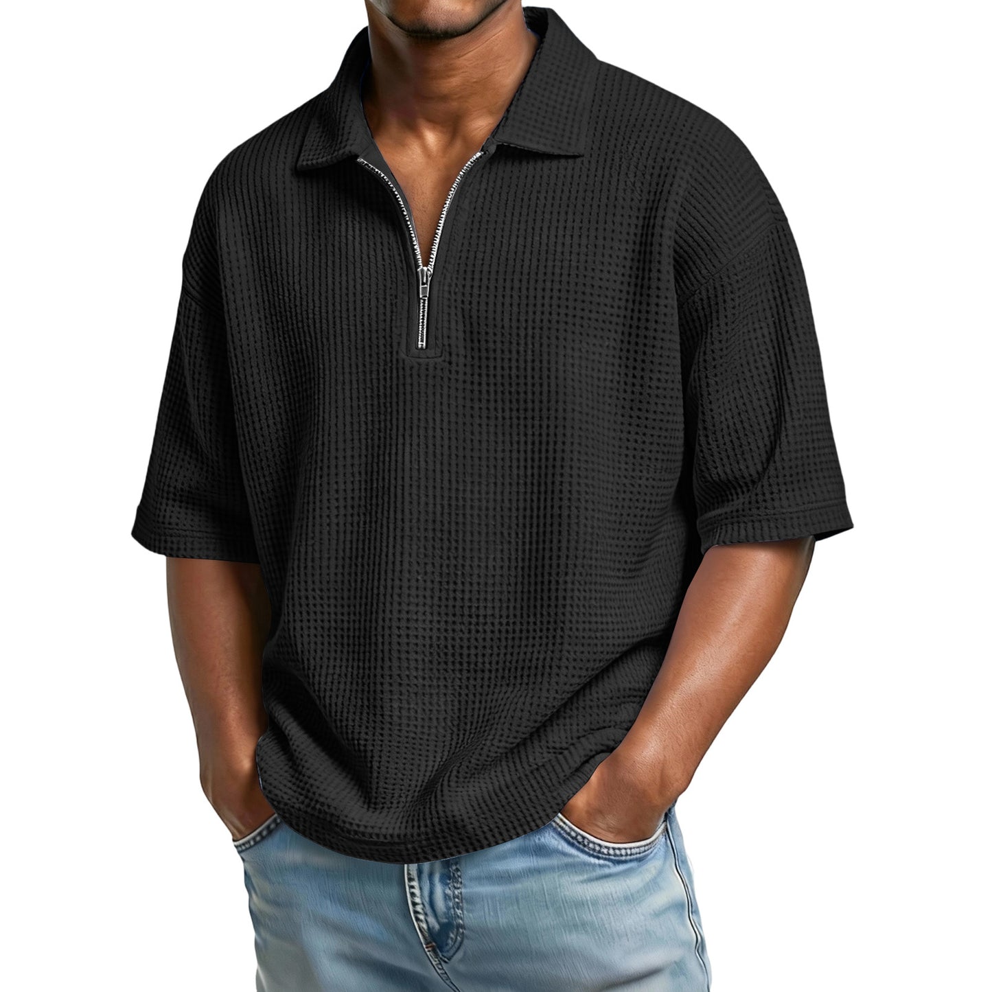 Men's Waffle-Weave Short-Sleeve Lapel Polo Shirt T-Shirt