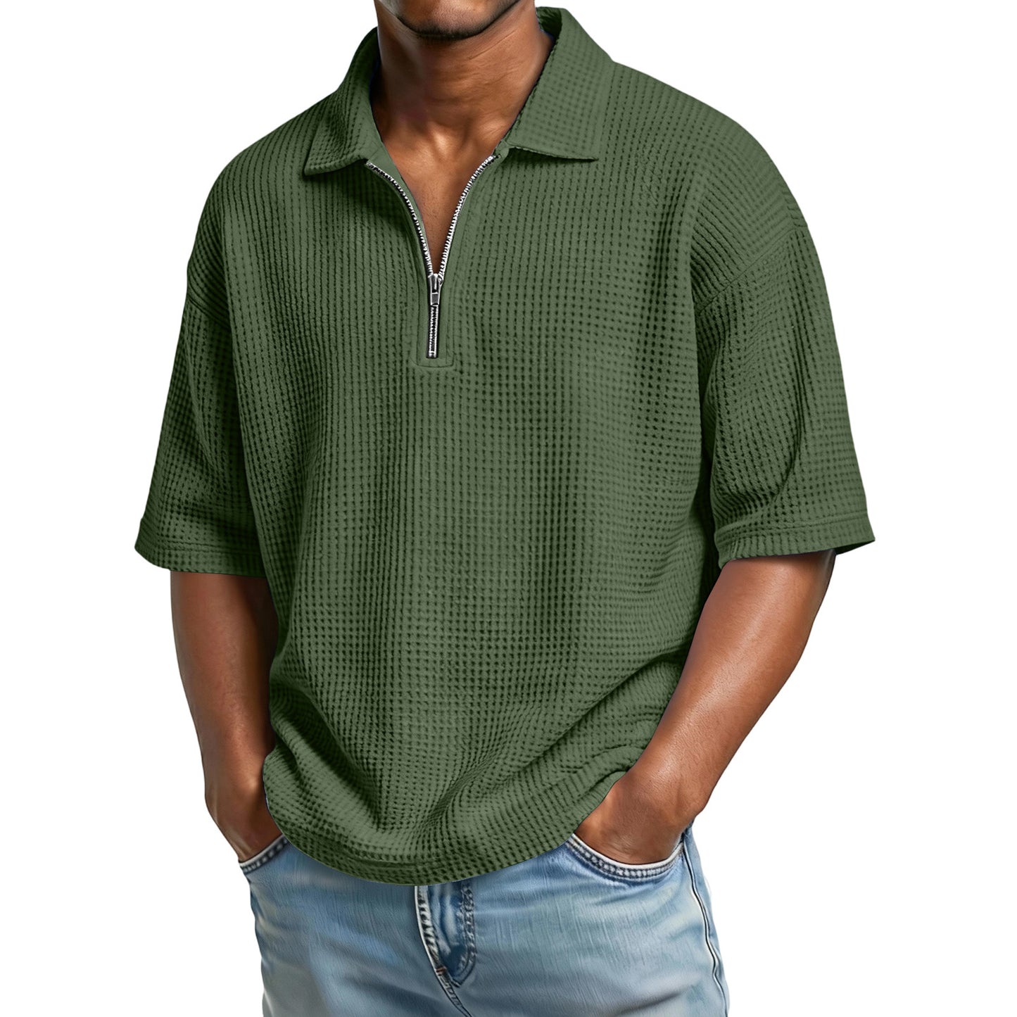 Men's Waffle-Weave Short-Sleeve Lapel Polo Shirt T-Shirt