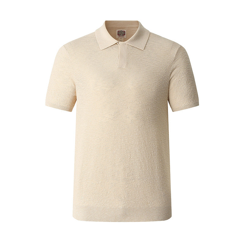 Textured Knit Short-sleeve Mens Slim-fit Business Polo Shirt In Ice Silk