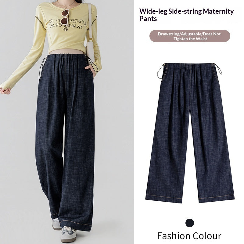 Dark Blue Fade-Resistant Wide-Leg Rayon Straight-Leg Maternity Jeans